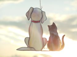 Friendship. Dog and Cat. Retriever Labrador. Art stained glass window hanging Suncatcher. Gift outdoor pet loss memorial
