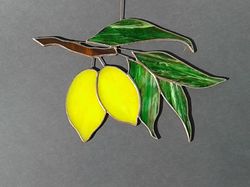 Yellow Lemons on Branch with Green Foliage . Art stained glass window hanging Suncatcher . Leaves leaf