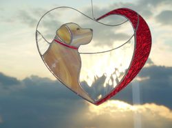 Dog Golden Retriever Labrador in Heart. Art Stained glass window hanging Suncatcher, Gift outdoor pet loss memorial.