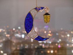 Moon with a Street Light . Stained glass window hanging Suncatcher