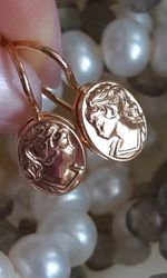 Vintage 14K Original Earrings Cameo USSR 583 Rose Gold with star without stone Soviet Retro Rare Russian Women's jewelry