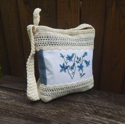 White Blue Crochet Bag Knitted Women Hobo Bag Textile summer bag with embroidery bluebels Boho bag Cottagecore outfit