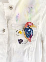 Handmade rainbow embroidered brooch with bird, glass flowers and beak