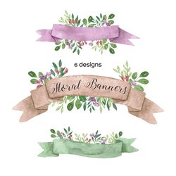 Watercolor Ribbons With Flowers, Floral Banner Clipart