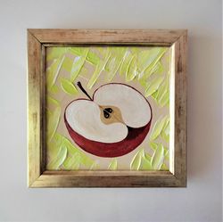 Apple Painting Fruit Original Art Food Wall Art Still Life Artwork Kitchen Tiny Acrylic Impasto Painting 5x5" Half Apple