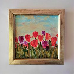 Tulips Painting Field of Tulips Small Art Wall Tulips Mini Painting Wall Decor Floral Impasto Painting Flowers Artwork