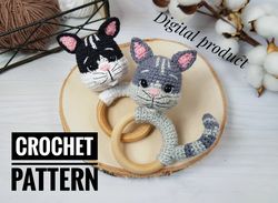 Baby rattle crochet cat pattern, amigurumi cat, cat stuffed animal, kitten toy pattern, Baby Toy, crochet teether