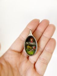 Tiny fairy house, micro miniature pendant with doll. Miniature diorama, doll house kit. Locket unique necklace