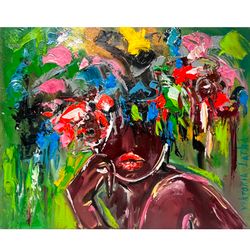 Black Woman Painting Original Art Faceless Portrait Painting 13 by 16" Flowers Woman Art Figurative Painting