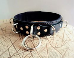 Quality black leather bdsm collar with soft suede lining for women. Plus size male collar for sub