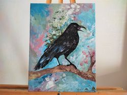 Crow Painting Black Raven Original painting impasto Wall art Bird Textured Painting palette Knife Crow Acrylic Painting