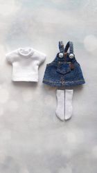 Outfit for petite blythe/ Denim Overalls for petite doll/ t shirt for petite blythe/ white socks for doll