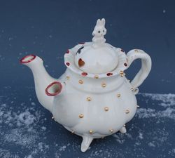 Double Spout Teapot, Handmade white porcelain teapot, art Whimsical sculpture ,Teapot on legs, Rabbit figurine