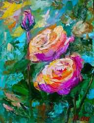 Flowers Painting Original Art Pink Roses Artwork Floral Wall Art Original Oil Painting Cardboard Size 12 by 8 Inches