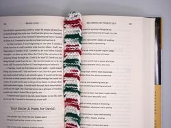Handmade Knitted White and Red and Green Bookmark
