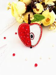 Apple embroidered , beaded brooch , Red green author's jewelry