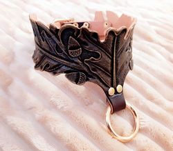 Personalized gift leather bdsm collar for women. Submissive bdsm choker oak leaves