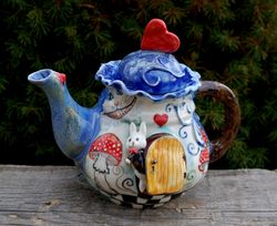 Wonderland Teapot, Rabbit figurine, Cheshire Cat ,Drink Me ,Mushroom figurine, Art Teapot ,Fabulous handmade Teapot