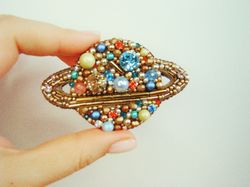 brooch Planete, embroidered brooch, handmade jewelry, beaded brooch, crystal pin, handmade gift, beaded accessories