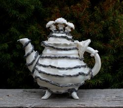 Fancy porcelain teapot Mushroom figurines Handmade white black ceramic teapot Surreal handmade teapot Porcelain art