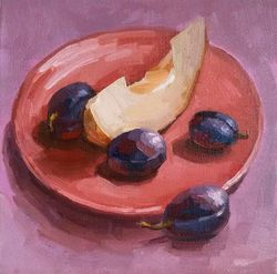 Plum Painting Fruit Original Art Melon Artwork Fruit Plate Still Life 8 x 8" by Svetlana