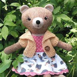 brown bear girl, stuffed wool teddy bear toy, handmade plush doll
