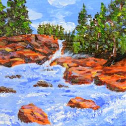 Original Acrylic Hand Made Painting Mountain River Landscape Acrylic Original Painting Small Artwork 6 by 6 by NadyaLerm