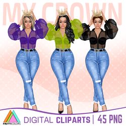 Queen Clipart Bundle - Denim Girl Clipart, Birthday Clipart, Fashion Girls PNG, Jeans Girl PNG, Commercial Use