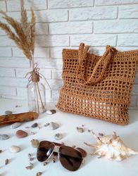 Raffia net bag in beige Crochet Raffia bag Summer Tote bag Straw Mesh bag, Handcrafted bag Summer Women Bag
