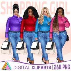 Shopping Girl Clipart Bundle - Curvy Girl Clipart, African American Girl Clipart, Afro Woman PNG, Natural Hair Lady