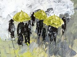 Rain  Painting Abstract People Artwork Umbrella Oil Painting 11 by 16 by Svitlana Verbovetska