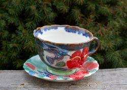 Porcelain tea cup & saucer set ,coffee set ,Red hibiscus and birds, Relief Art Mug, Saucer with decor ,Handmade ceramic