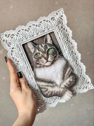 Cat portrait sculpture in frame. Needle felted siamese cat toy. Custom realistic cat felt portrait.