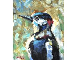 Woodpecker Original Painting Bird Oil Art Small Nature Artwork Woodpecker Art