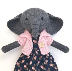 Gray elephant girl, wool plush doll, handmade stuffed elephant