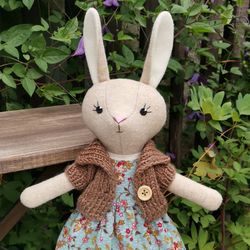Beige bunny girl, wool plush rabbit toy, handmade stuffed bunny doll