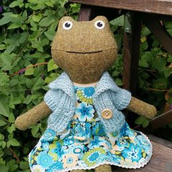 Green frog girl, wool tweed stuffed doll, handmade plush toad
