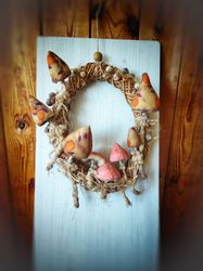 Vintage mushroom wreath. Textile mushroom ornament. Woodland toadstools & fly agaric fabric. Wall art mushroom rustic.