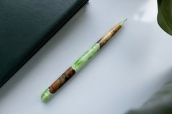 Green ballpoint pen wood and resin. Unique gift pen.