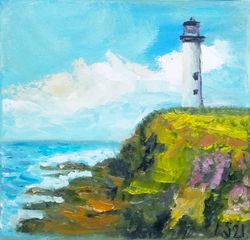 Lighthouse Painting Seascape Original Art Landscape Artwork Oil Painting Canvas Size 8 by 8 inches Lighthouse on Canvas