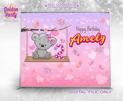 Cute bear custom backdrop, Animal party banner, Teddy-bear backdrop, Pink baby shower