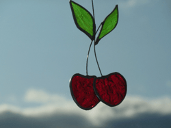 Red Cherry .Art stained glass window hanging Suncatcher . Fruit berries