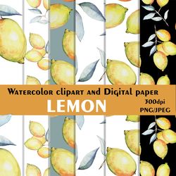 Watercolor lemon digital paper JPEG for scrapbooking