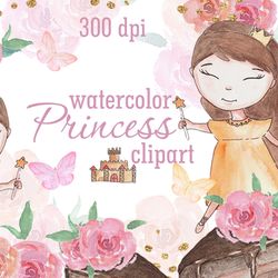 Watercolor pink princess clipart PNG. DIGITAL CLIPART
