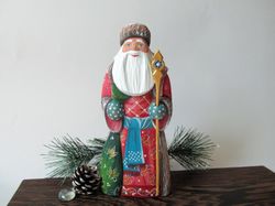 Wooden Russian Santa Claus, Santa with turquoise belt, 8 inches tall Hand carved figure