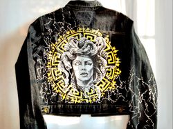 Art to wear, Hand Painted Denim jacket Gorgon art, alternative clothing, custom clothing, wife of the party denim jacket