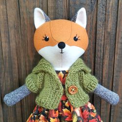 orange fox girl, textile soft toy, handmade stuffed animal doll