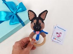 Baby rattle dog German Shepherd, baby toy, crochet teether, puppy toy, newborn gift