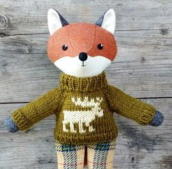 red fox boy, stuffed animal doll, handmade wool fox toy