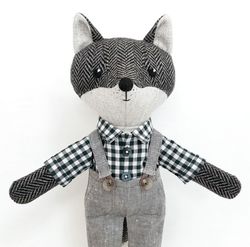Gray wolf boy, handmade plush wolf toy, wool stuffed doll